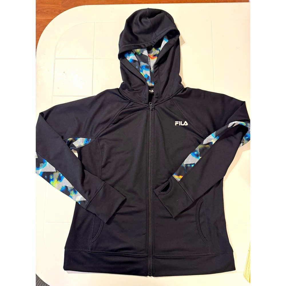 FILA Sport Women's XL Black Geometric Full Zip Hooded Hoodie Jacket Pockets